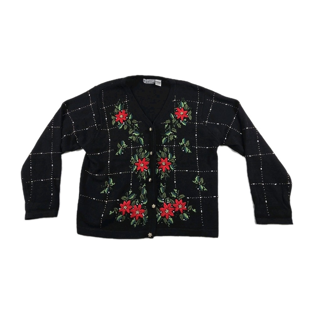 BP Design Vintage Sweater Women's XL Black Christmas Poinsettia Beaded Cardigan